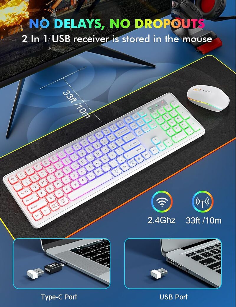 Беспроводной комплект клавиатура и мышь JOMAA с RGB-подсветкой, 2,4 ГГц, аккумуляторный, эргономичный