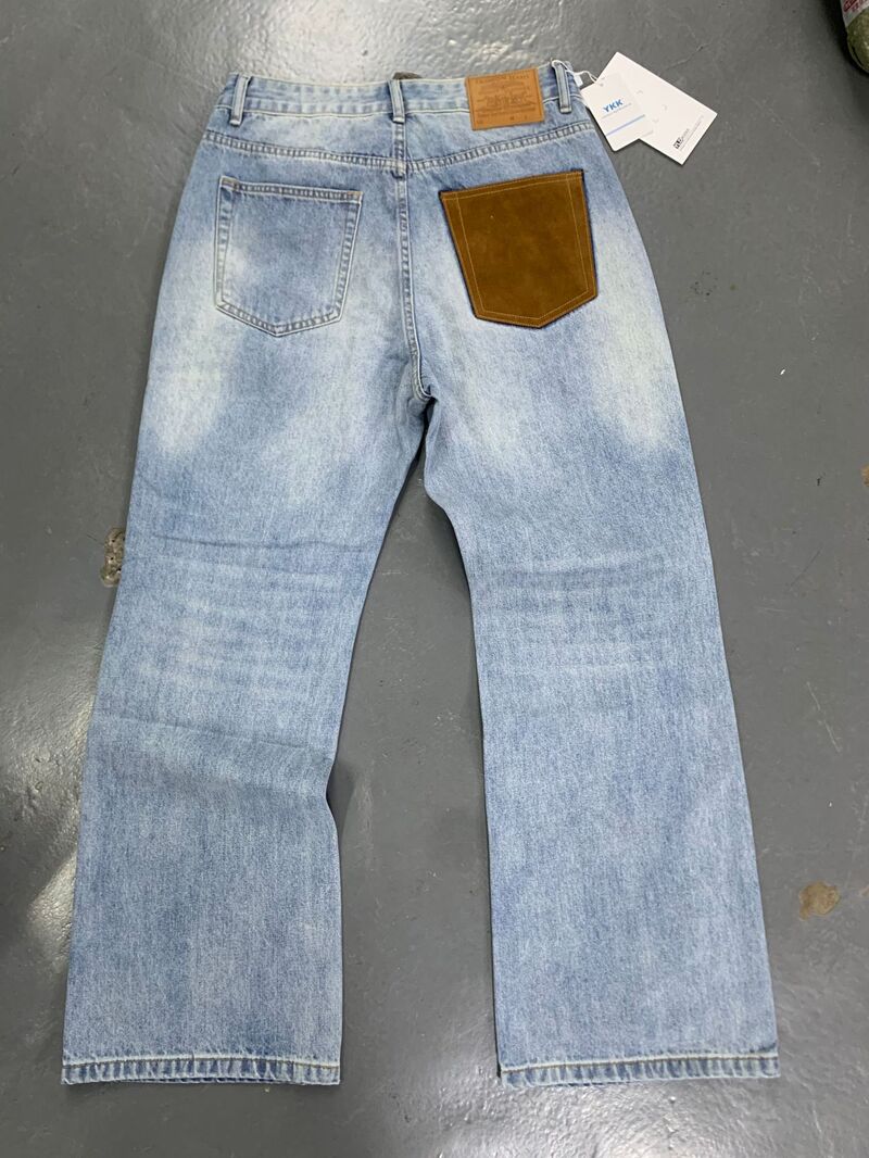 Джинсы cleanfit 13 oz, крой 2021M, винтажный голубой с кожаной вставкой, ретро хай-стрит