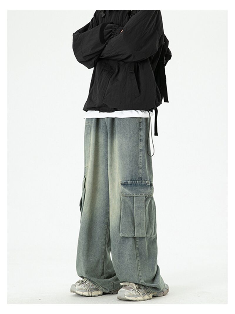 Мужские джинсы Niubuzhe в стиле workwear, свободные прямые широкие, стираные, ретро