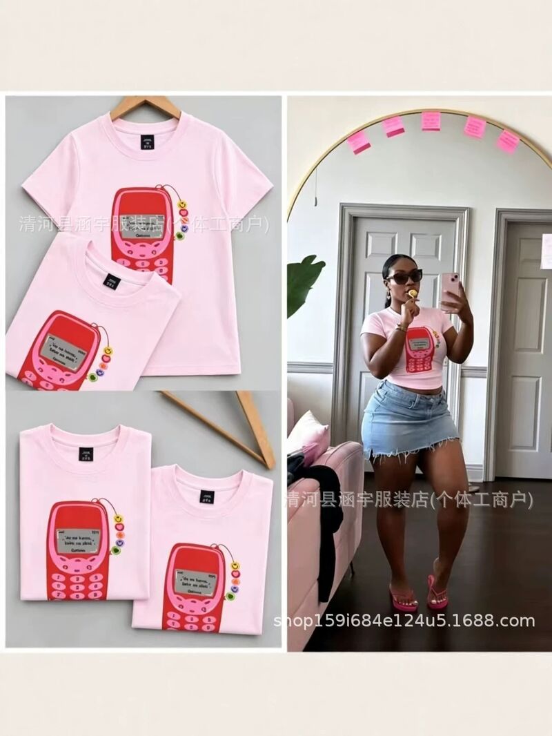 Женская футболка BasicTops из рубчатого хлопка, приталенная, с жёлтым мультяшным принтом, короткий рукав
