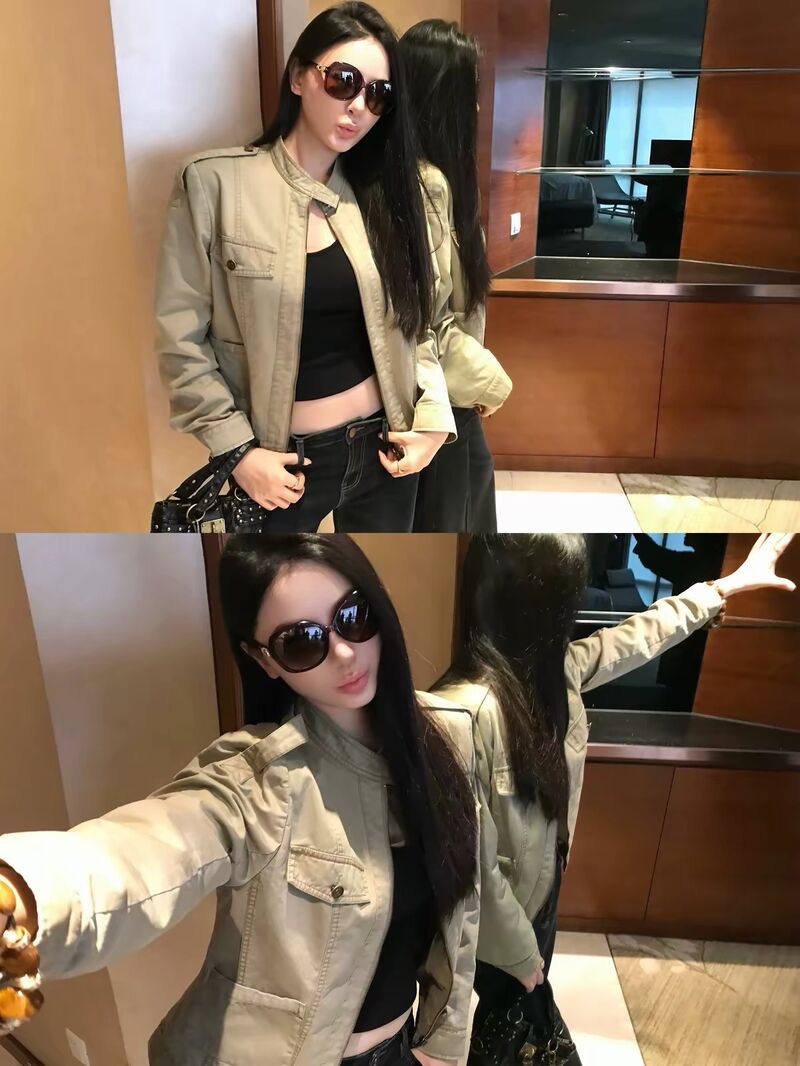 Женская куртка-косуха Zhoumiao в стиле американского винтажа, с эффектом состаривания, воротник-стойка, хлопок