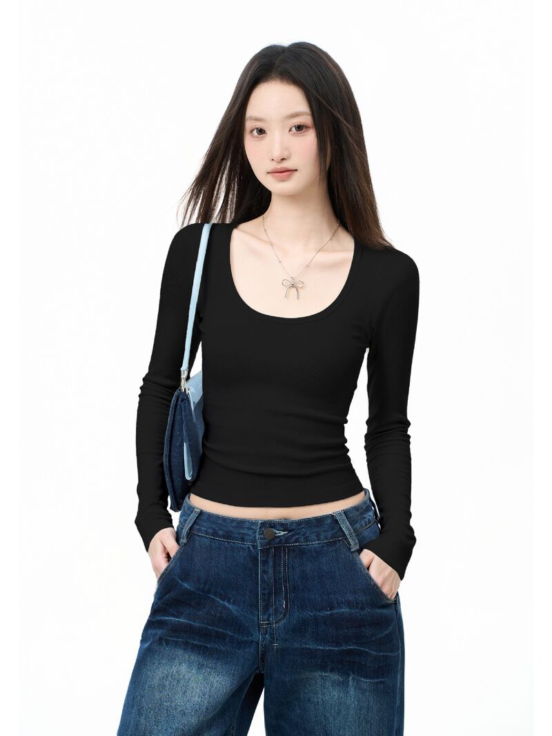 Женская приталенная футболка с длинным рукавом и квадратным вырезом, базовый слой, осень