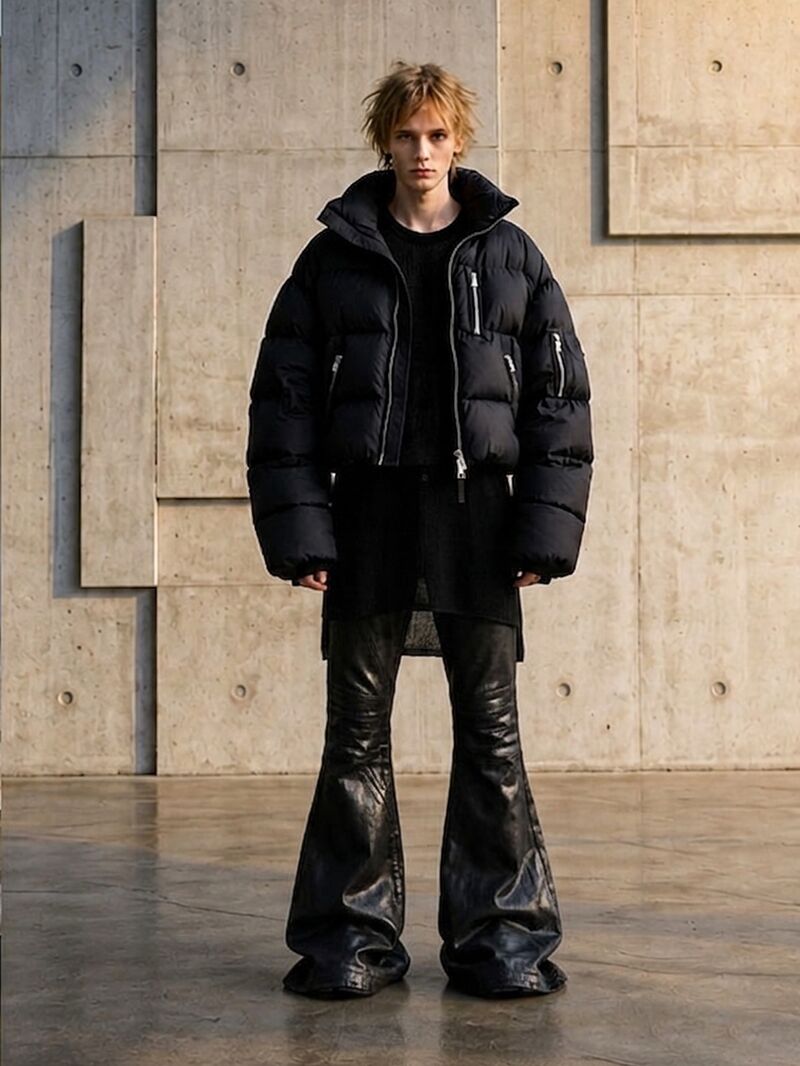 Джинсы MIJKO унисекс bootcut с чёрным виниловым покрытием, эффект помятой текстуры, слегка расклешённые
