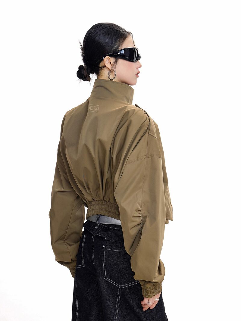 Женская укороченная куртка в стиле workwear, воротник-стойка, молния, полиэстер, свободный крой