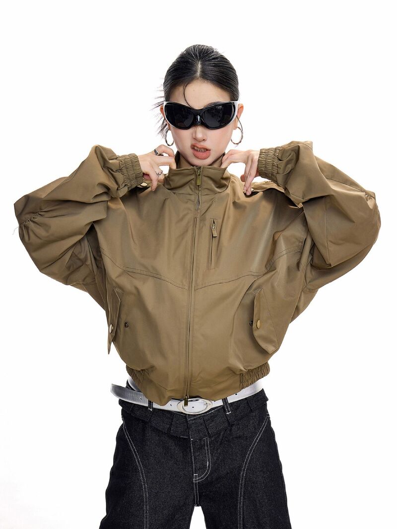 Женская укороченная куртка в стиле workwear, воротник-стойка, молния, полиэстер, свободный крой
