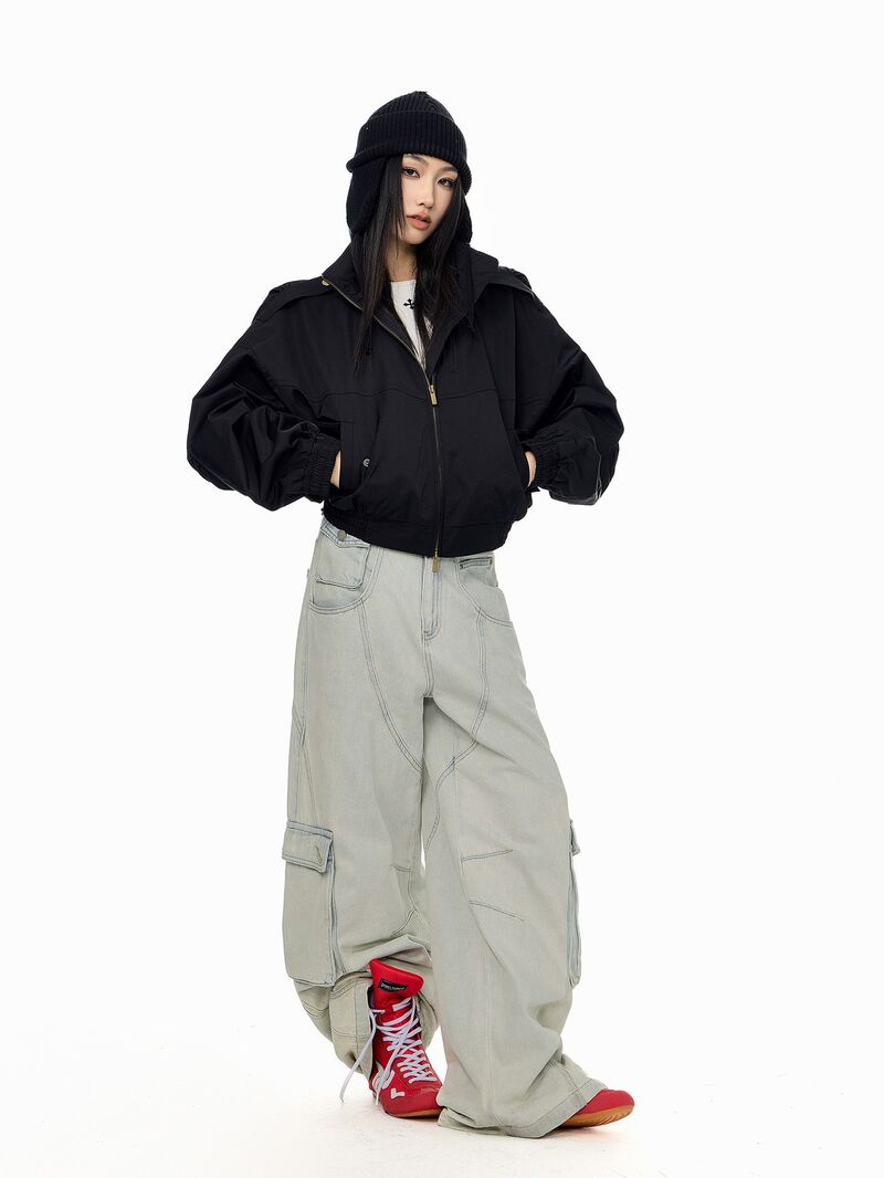 Женская укороченная куртка в стиле workwear, воротник-стойка, молния, полиэстер, свободный крой