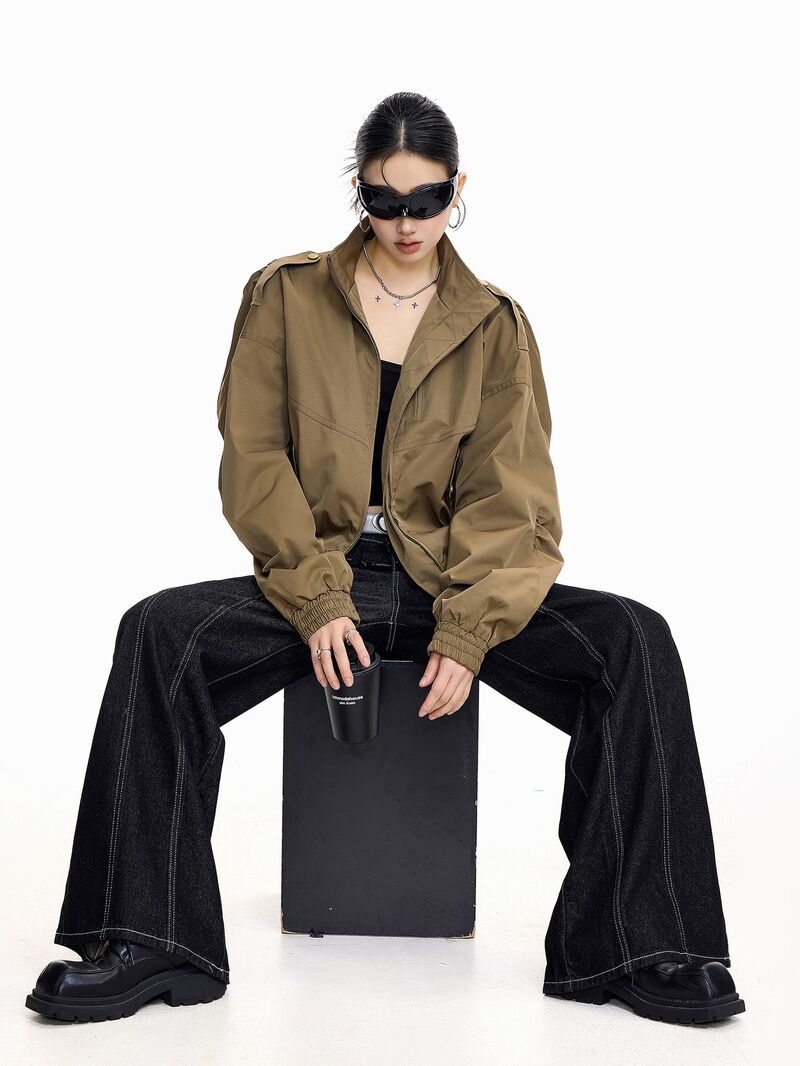 Женская укороченная куртка в стиле workwear, воротник-стойка, молния, полиэстер, свободный крой