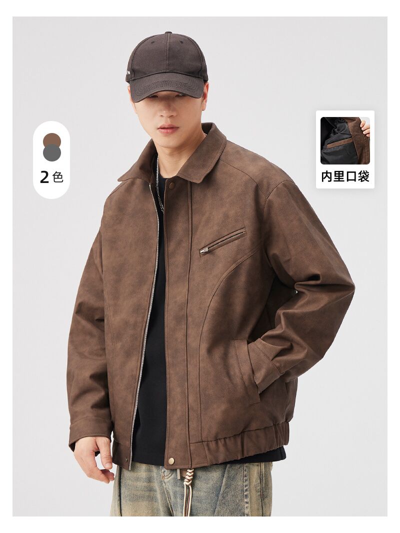 Куртка мужская Yizhi в стиле workwear, экокожа PU под замшу, отложной воротник, на молнии, весна–осень