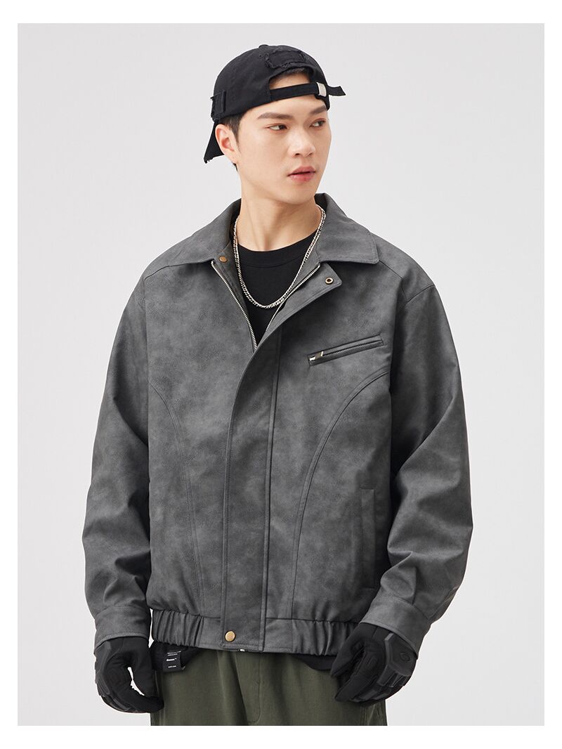 Куртка мужская Yizhi в стиле workwear, экокожа PU под замшу, отложной воротник, на молнии, весна–осень