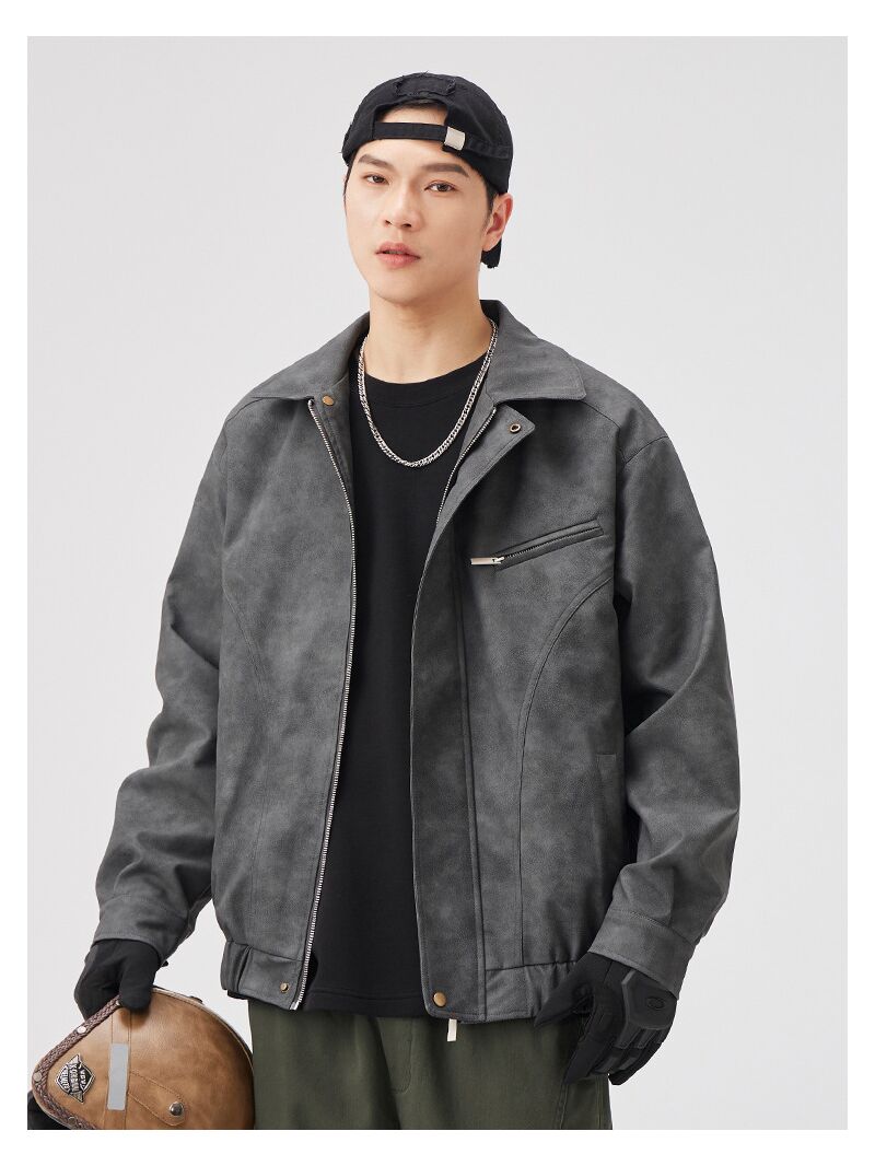 Куртка мужская Yizhi в стиле workwear, экокожа PU под замшу, отложной воротник, на молнии, весна–осень