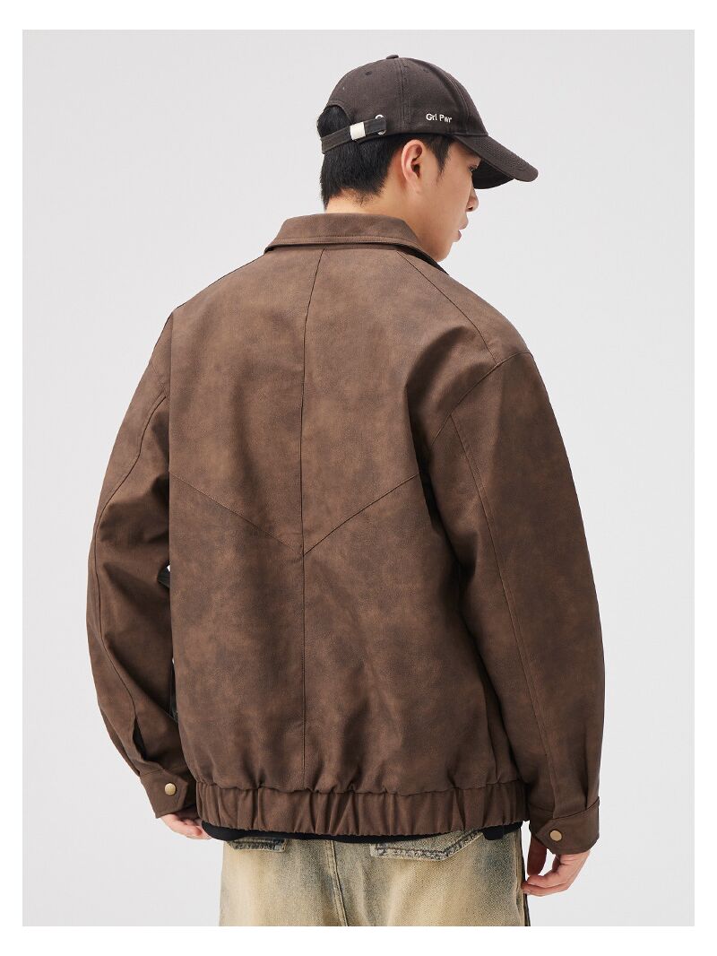 Куртка мужская Yizhi в стиле workwear, экокожа PU под замшу, отложной воротник, на молнии, весна–осень