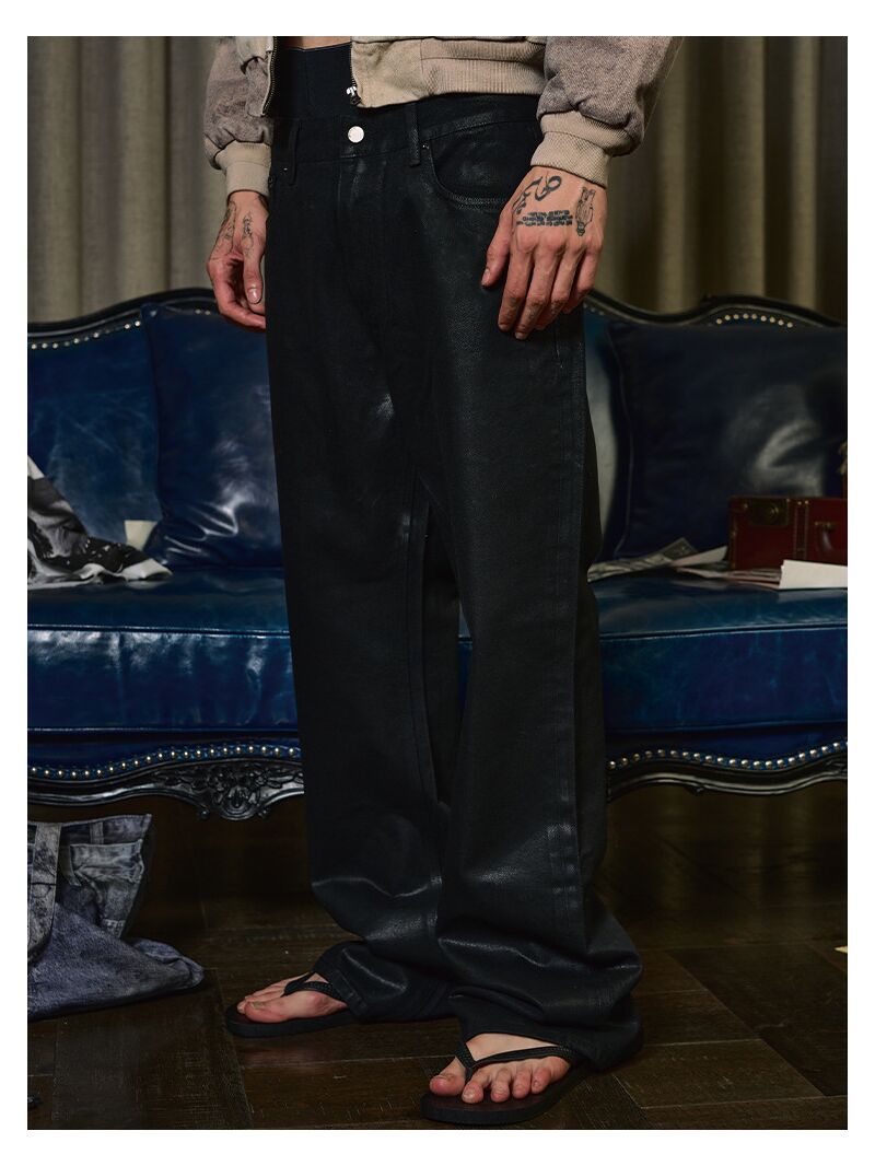 Джинсы мужские bootcut с ручной вощёной пропиткой, прямые микроклёш, эффект потёртости, чёрные