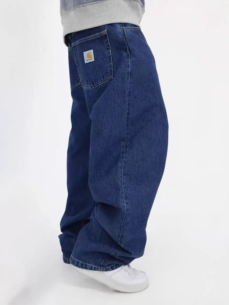 Джинсы Carhartt WIP широкие прямые свободные, классический логотип, чёрные и синие