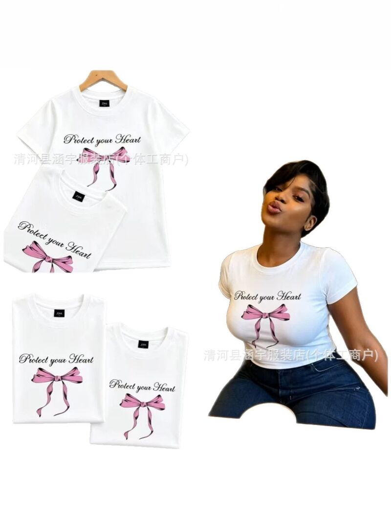 Женская футболка BasicTops из рубчатого хлопка, приталенная, с жёлтым мультяшным принтом, короткий рукав