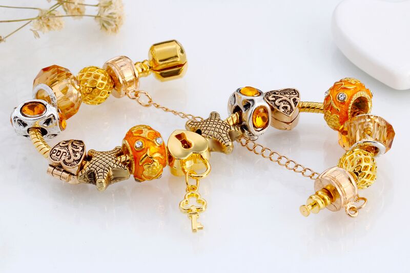 Браслет женский QI LI JEWELRY с бусинами и австрийскими кристаллами, золотистый, длина 17–21 см