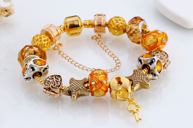 Браслет женский QI LI JEWELRY с бусинами и австрийскими кристаллами, золотистый, длина 17–21 см