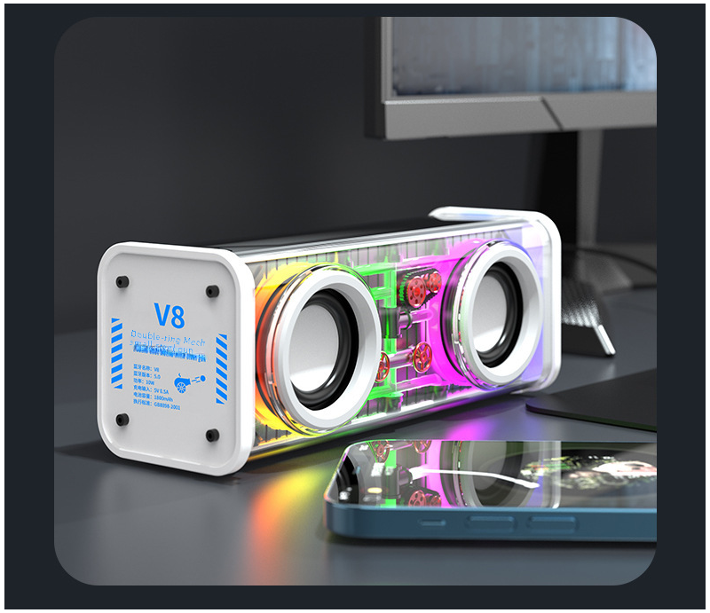 Bluetooth-колонка прозрачный корпус в стиле меха, RGB-подсветка, два динамика