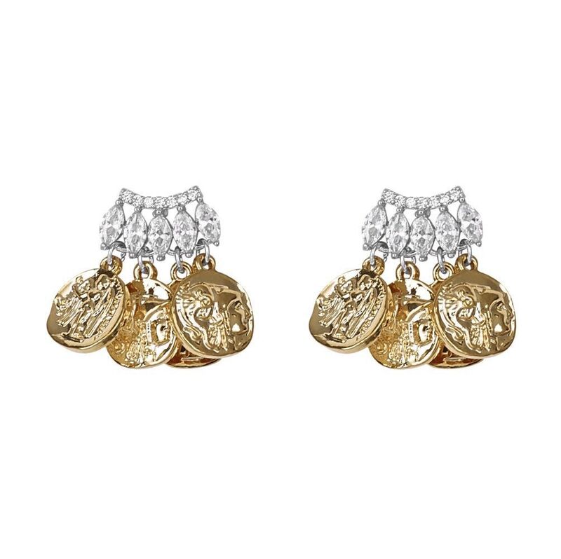 Серьги Miya Sophia Jewelry с монетой и античным профилем, латунь с позолотой, цирконы, игла из серебра 925