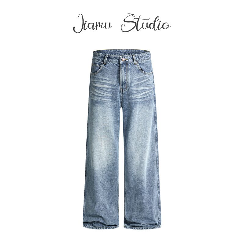 Джинсы JIAMU baggy с потёртостями «усы», прямые широкие свободные, струящиеся, унисекс