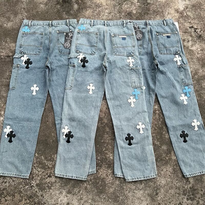 Джинсы карго Chrome Hearts с кожаными крестами, трёхцветные, прямые, мягкий деним, в стиле lumberjack