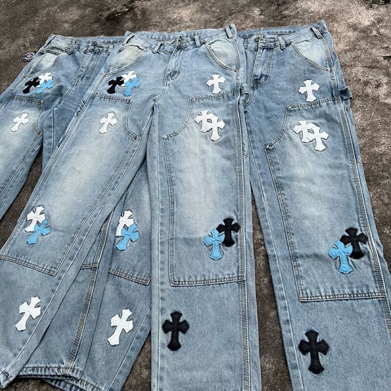 Джинсы карго Chrome Hearts с кожаными крестами, трёхцветные, прямые, мягкий деним, в стиле lumberjack