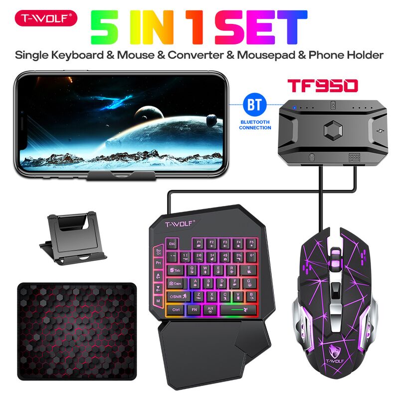 Игровой набор T-Wolf TF950 для смартфона и планшета: клавиатура для одной руки, мышь, конвертер, коврик, подставка