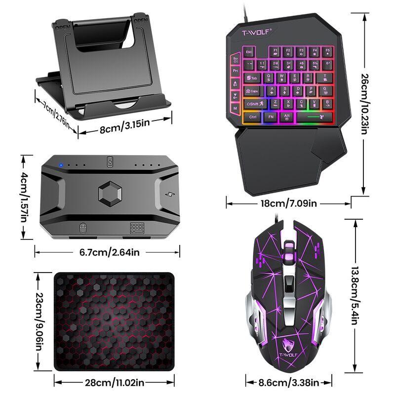 Игровой набор T-Wolf TF950 для смартфона и планшета: клавиатура для одной руки, мышь, конвертер, коврик, подставка