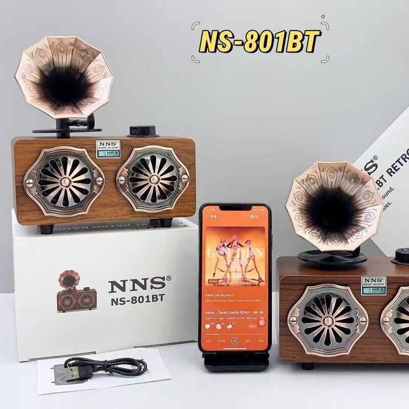 Bluetooth-колонка в стиле ретро-граммофона NS-801BT с радио и слотом для карт памяти, 2 динамика, 10 Вт