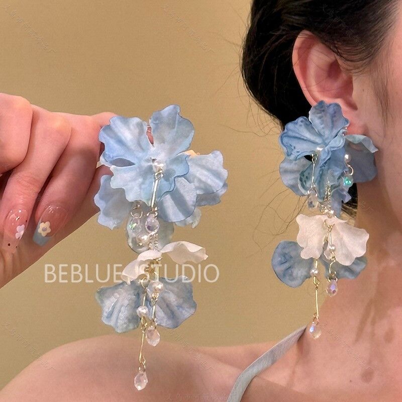 Серьги тканевые Kaitin Jewelry с цветами и кистями в стиле «Сад Моне», гвоздики и крючки, ручная работа