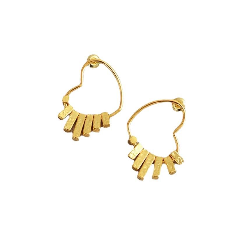 Серьги Miya Sophia Jewelry с длинной подвеской и сердцем, кованая фактура, медь с позолотой, швенза серебро 925