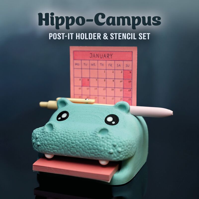 Настольный органайзер для стикеров Hippo-Campus в виде бегемота с 3 шаблонами, PLA, 10 × 9 × 7 см