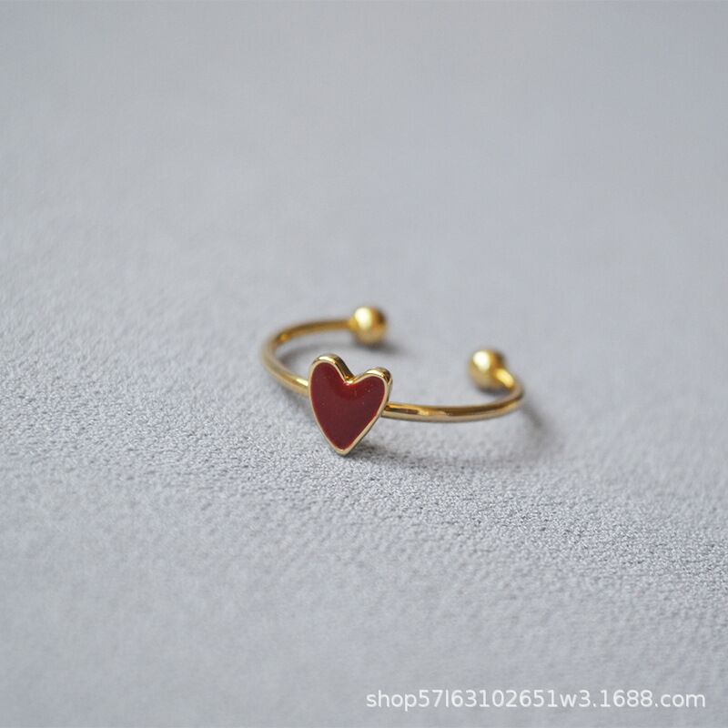 Тонкий открытый браслет и кольцо Miya sophia jewelry с красным эмалевым сердцем, латунь с позолотой