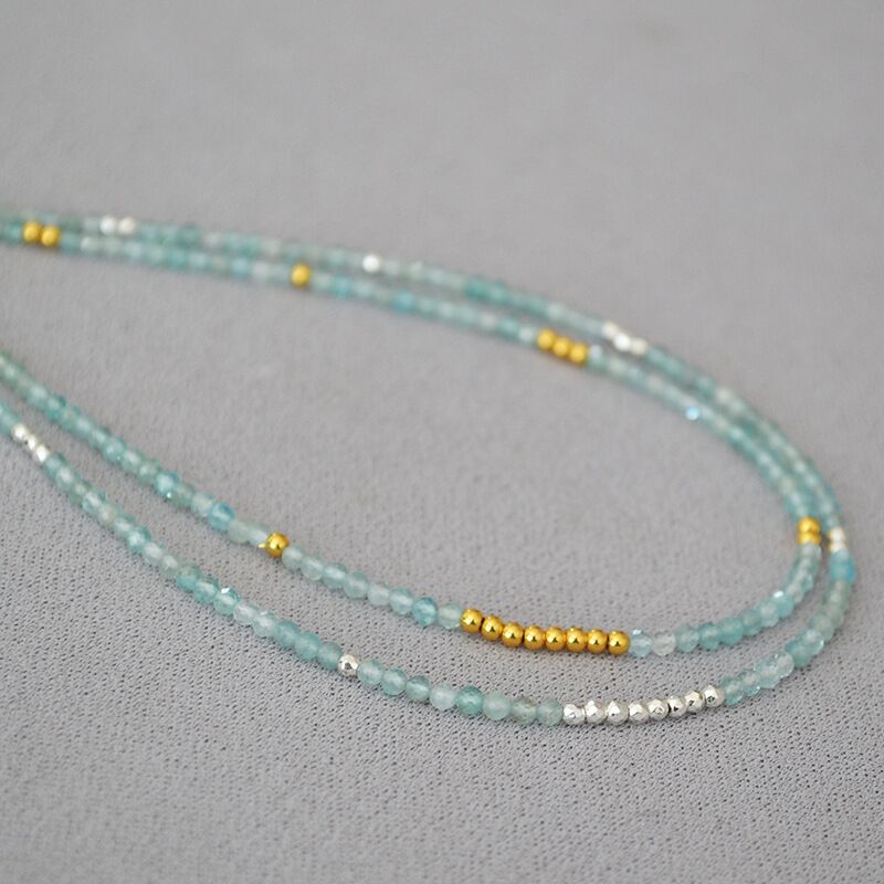 Колье из натурального аквамарина Mia Sophia Jewelry, бусины 3 мм, тонкое, длина 38+5 см