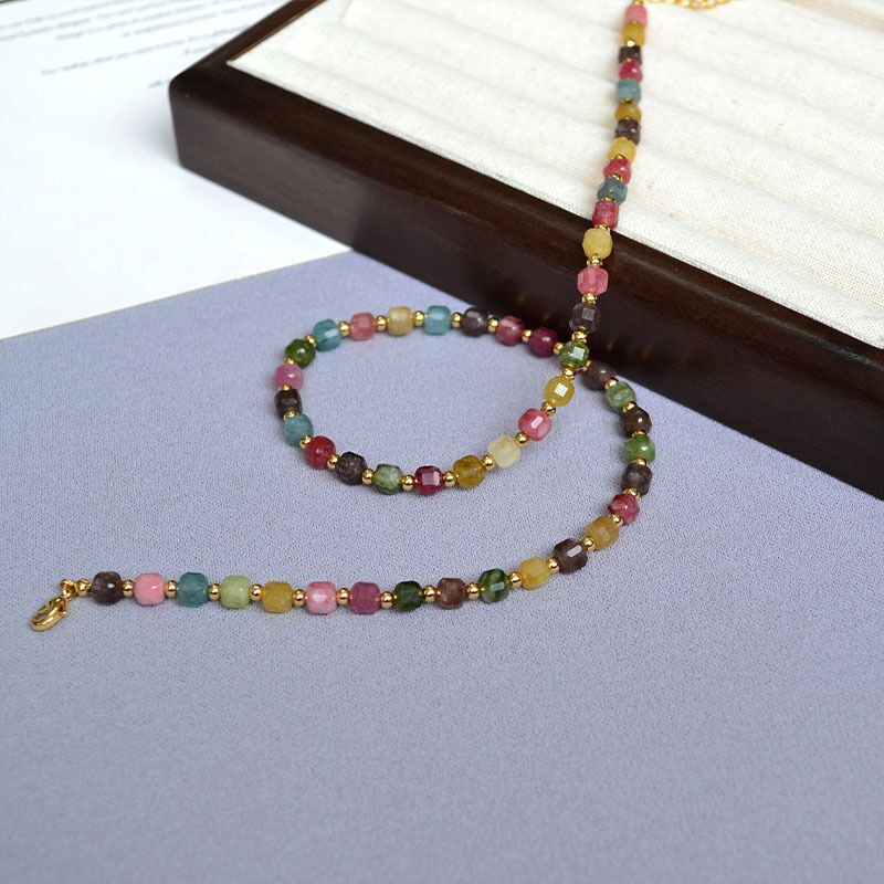 Колье из разноцветного турмалина Miya Sophia Jewelry, бусины, позолоченная медь, 42–43+5 см