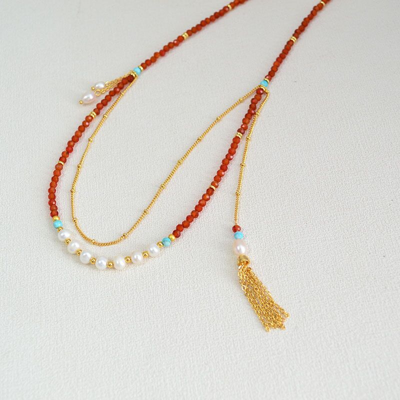 Колье двухслойное с красным агатом и барочным жемчугом Miya Sophia Jewelry, кисточка, 60+5 см