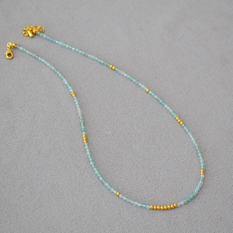 Колье из натурального аквамарина Mia Sophia Jewelry, бусины 3 мм, тонкое, длина 38+5 см