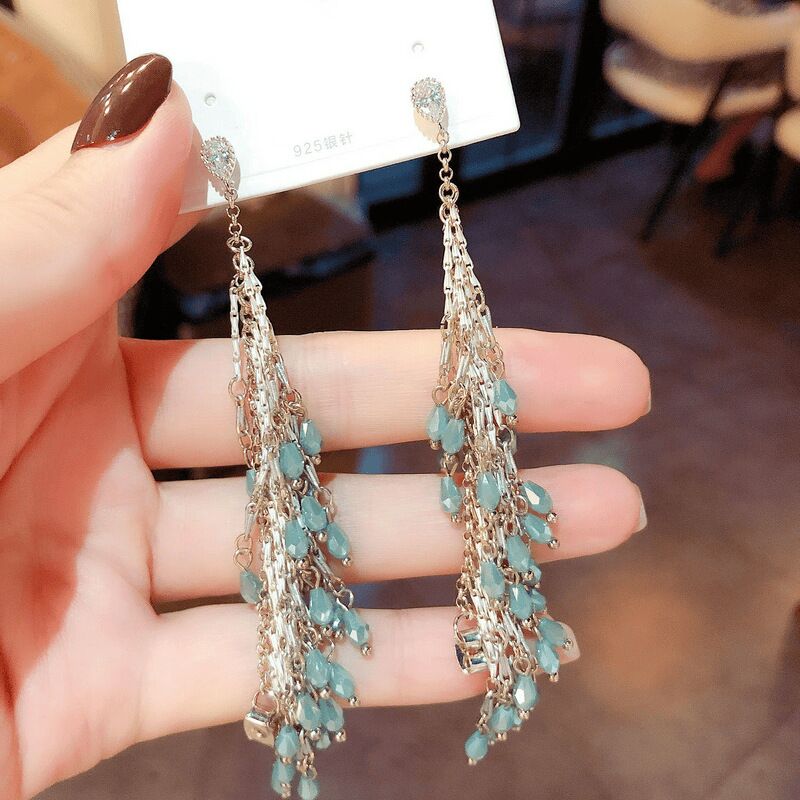 Серьги-подвески Kaitin Jewelry с кисточками и стеклянными каплями, бохо, серебряная игла 925