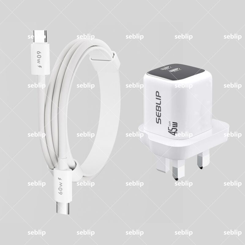 Сетевое зарядное устройство SEBLIP 45 Вт GaN, 2 порта USB-C, вилка UK, с кабелем 60 Вт