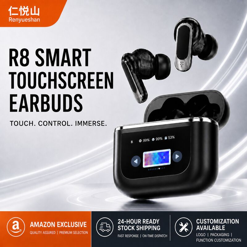 TWS-наушники R8-02 с цветным дисплеем на кейсе, Bluetooth 5.3, до 48 часов работы, чёрные