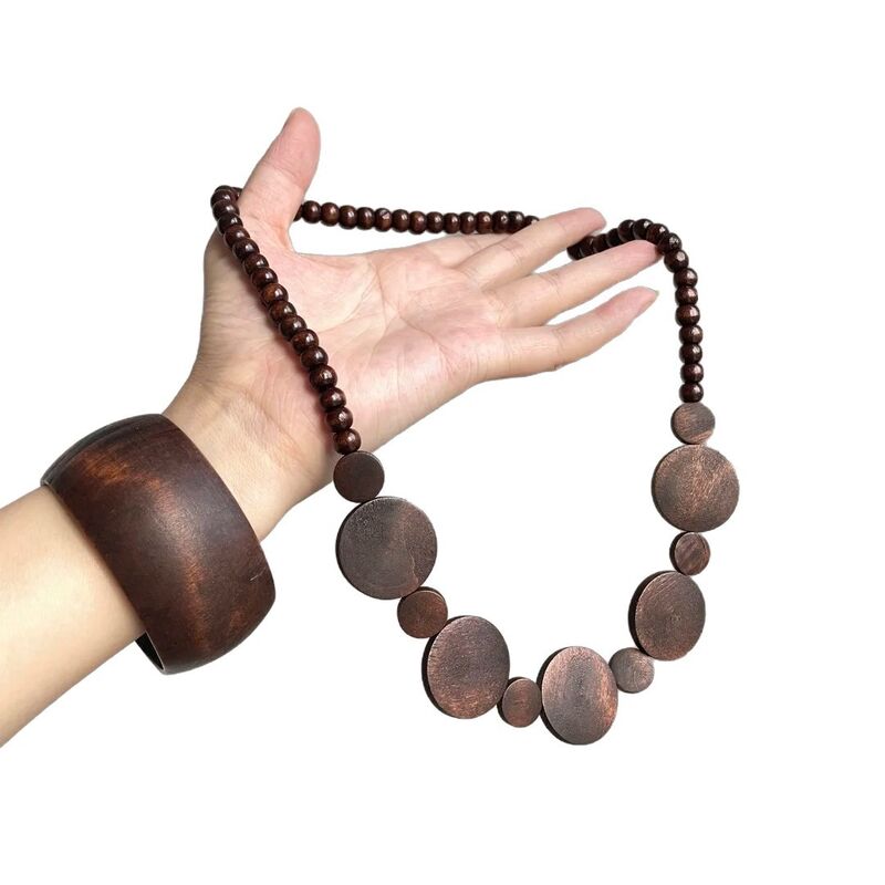 Колье и браслет из деревянных бусин, ретро-стиль, длина 61–70 см, Kaitin Jewelry