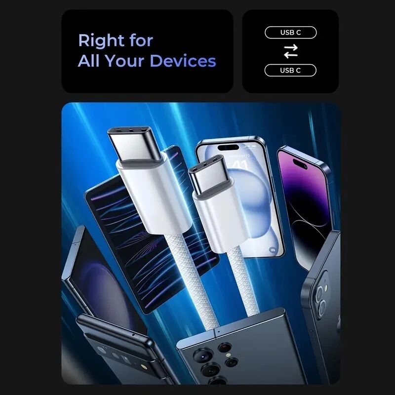 Кабель PD USB-C – USB-C 60 Вт для iPhone 16, плетёный, двойной Type-C