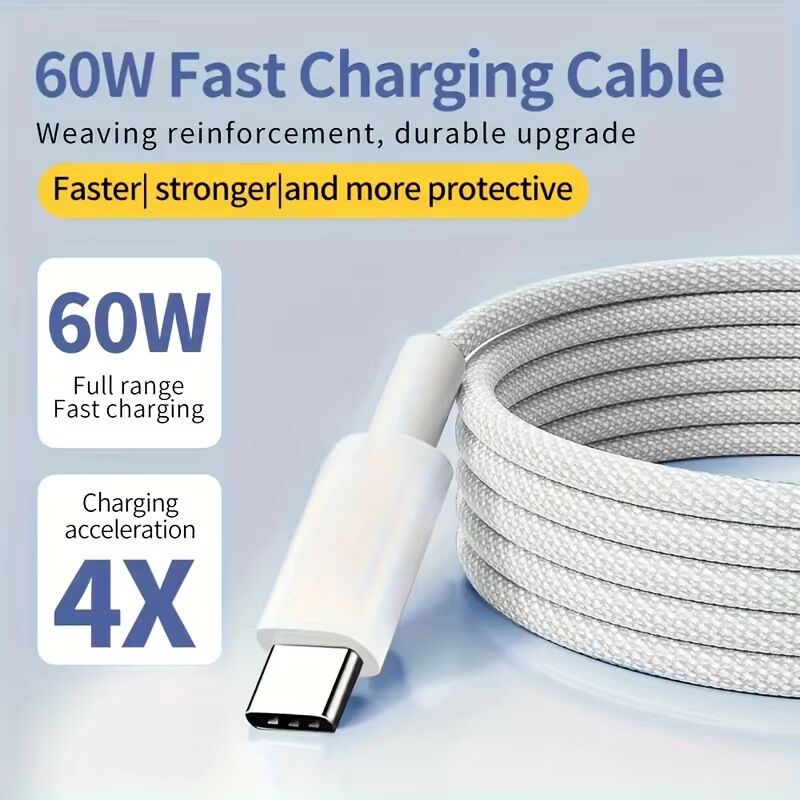 Кабель PD USB-C – USB-C 60 Вт для iPhone 16, плетёный, двойной Type-C