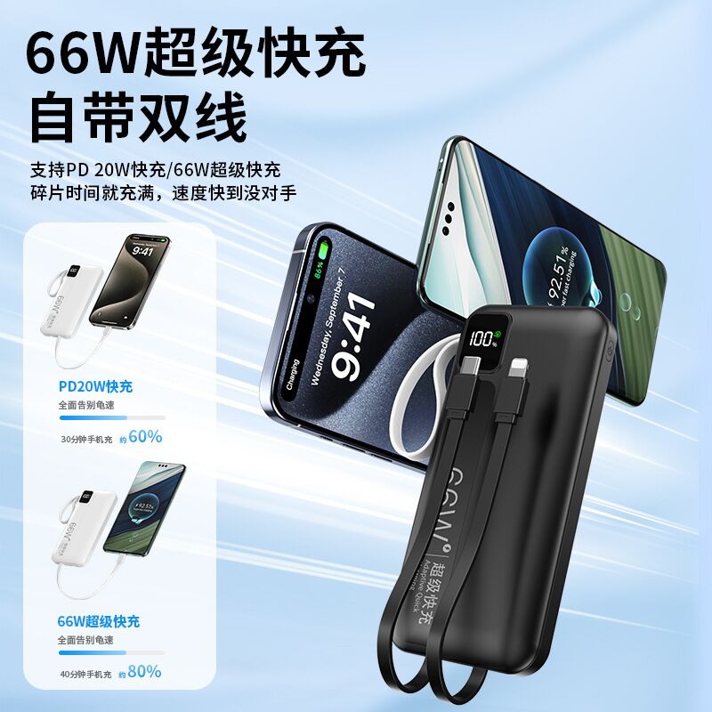Внешний аккумулятор Power Bank со встроенным кабелем, 10000–50000 мА·ч, быстрая зарядка 66 Вт