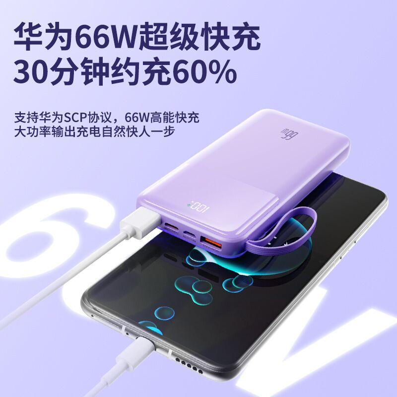 Внешний аккумулятор Power Bank с 4 встроенными кабелями, 10000/20000 мА·ч, зарядка 66 Вт