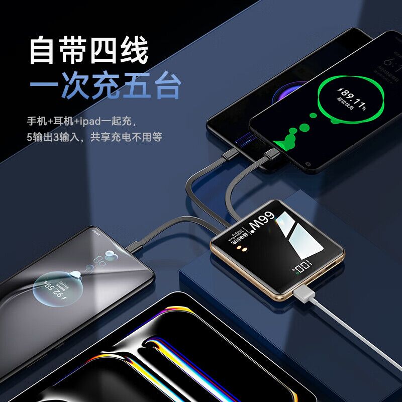 Внешний аккумулятор Power Bank с 4 встроенными кабелями, компактный, 10000/20000 мА·ч, сертификат 3C