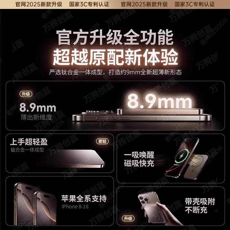 Магнитный внешний аккумулятор MagSafe, ультратонкий 8,9 мм, для Android и iPhone 16