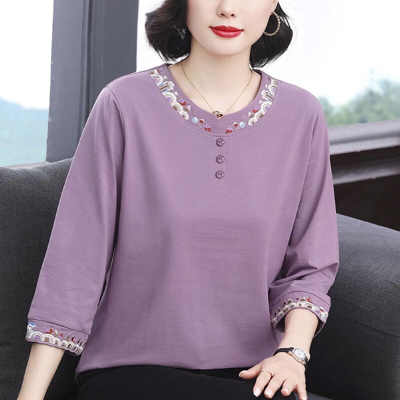 Женская свободная футболка с вышивкой, рукав 3/4, M–4XL, 2 цвета