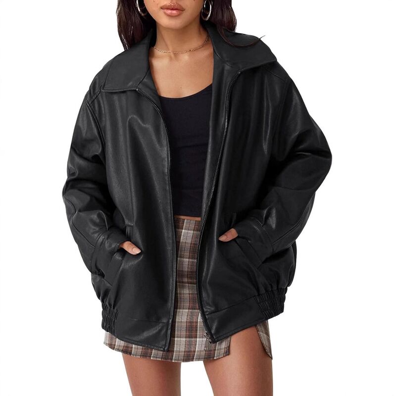 Женская куртка-косуха oversize из экокожи, свободный крой, длинный рукав, осень-зима