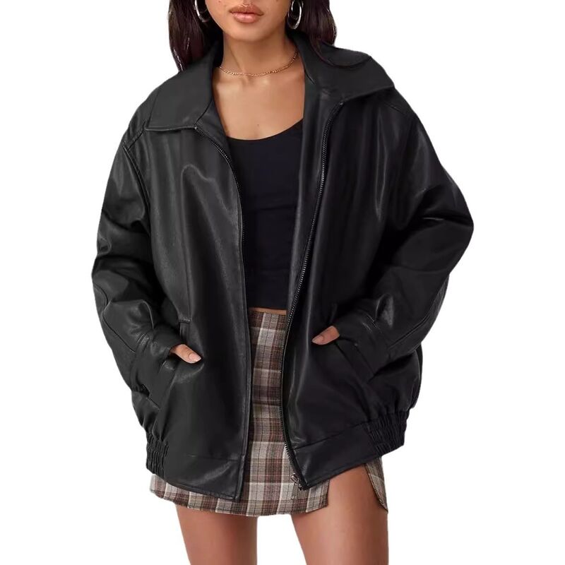 Женская куртка-косуха oversize из экокожи, свободный крой, длинный рукав, осень-зима