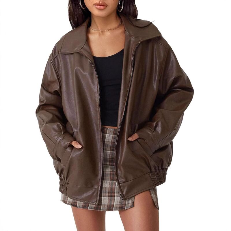 Женская куртка-косуха oversize из экокожи, свободный крой, длинный рукав, осень-зима